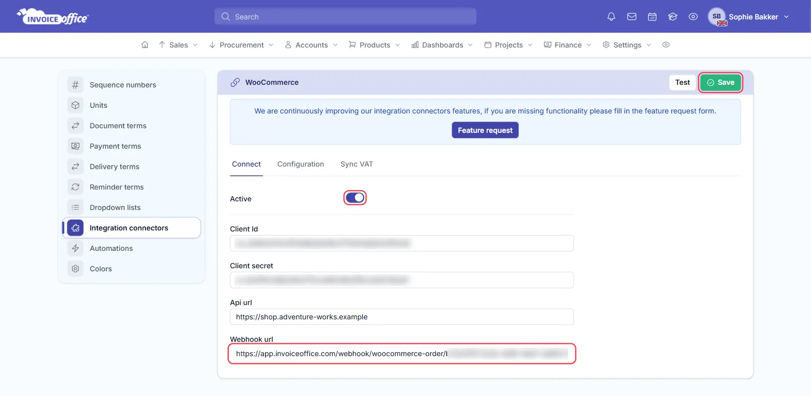 The WooCommerce connector settings in Invoice Office, Connect tab, with Active switched on and the Client Id, Client secret, Api url and read-only Webhook url fields filled in; the Active switch, the Webhook url and the Save button are outlined in red