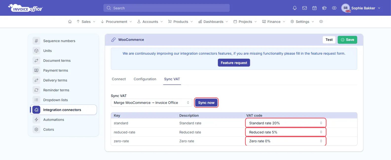 The Sync VAT tab of the WooCommerce connector in Invoice Office listing the standard, reduced-rate and zero-rate tax classes, each mapped to a VAT code; the Sync now button and the three VAT code selects are outlined in red