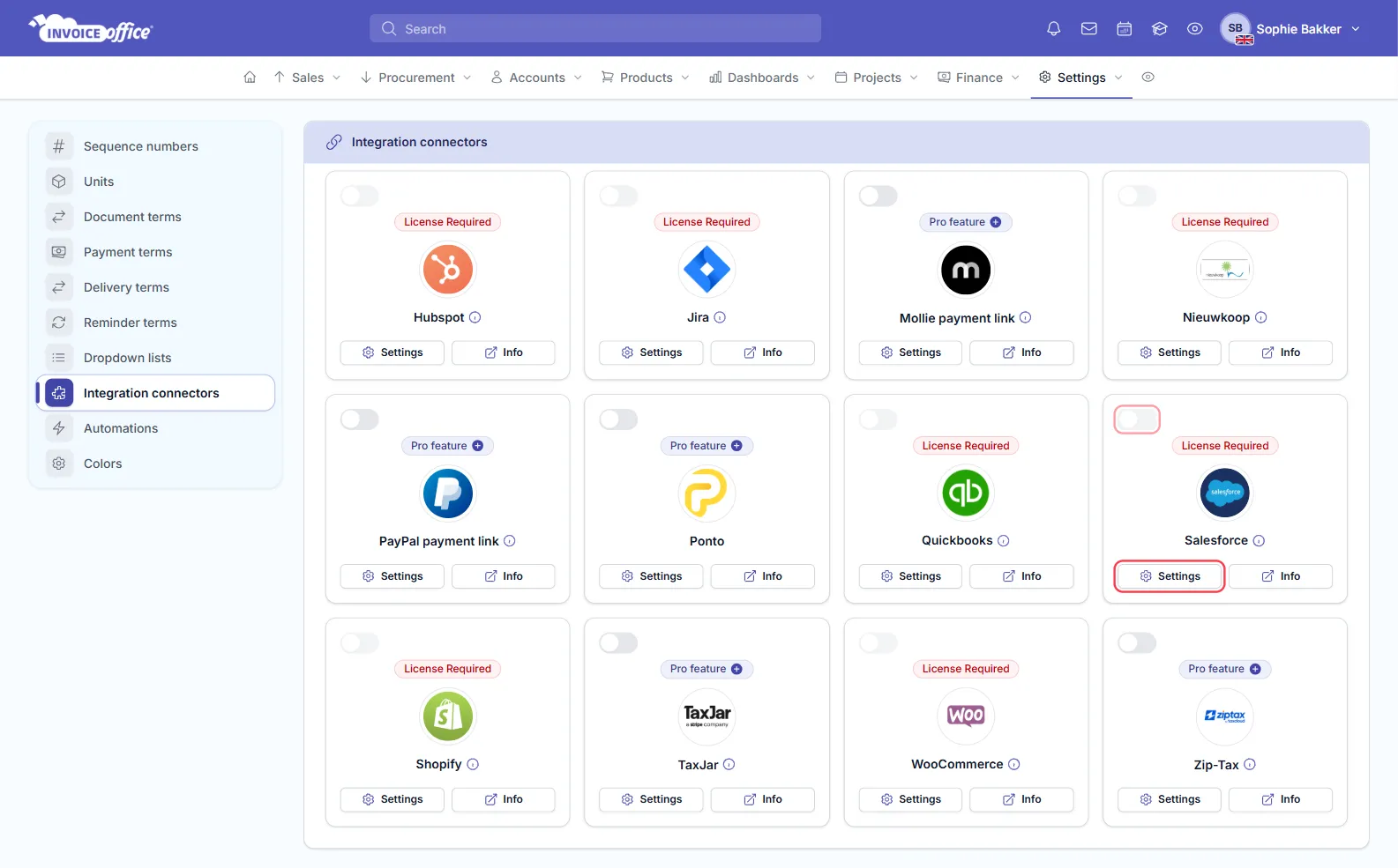 The Integration connectors page in Invoice Office settings, a grid of connector cards including Hubspot, Jira, Mollie payment link, PayPal payment link, Quickbooks, Salesforce, Shopify and WooCommerce; the Salesforce card's switch and Settings button are outlined in red