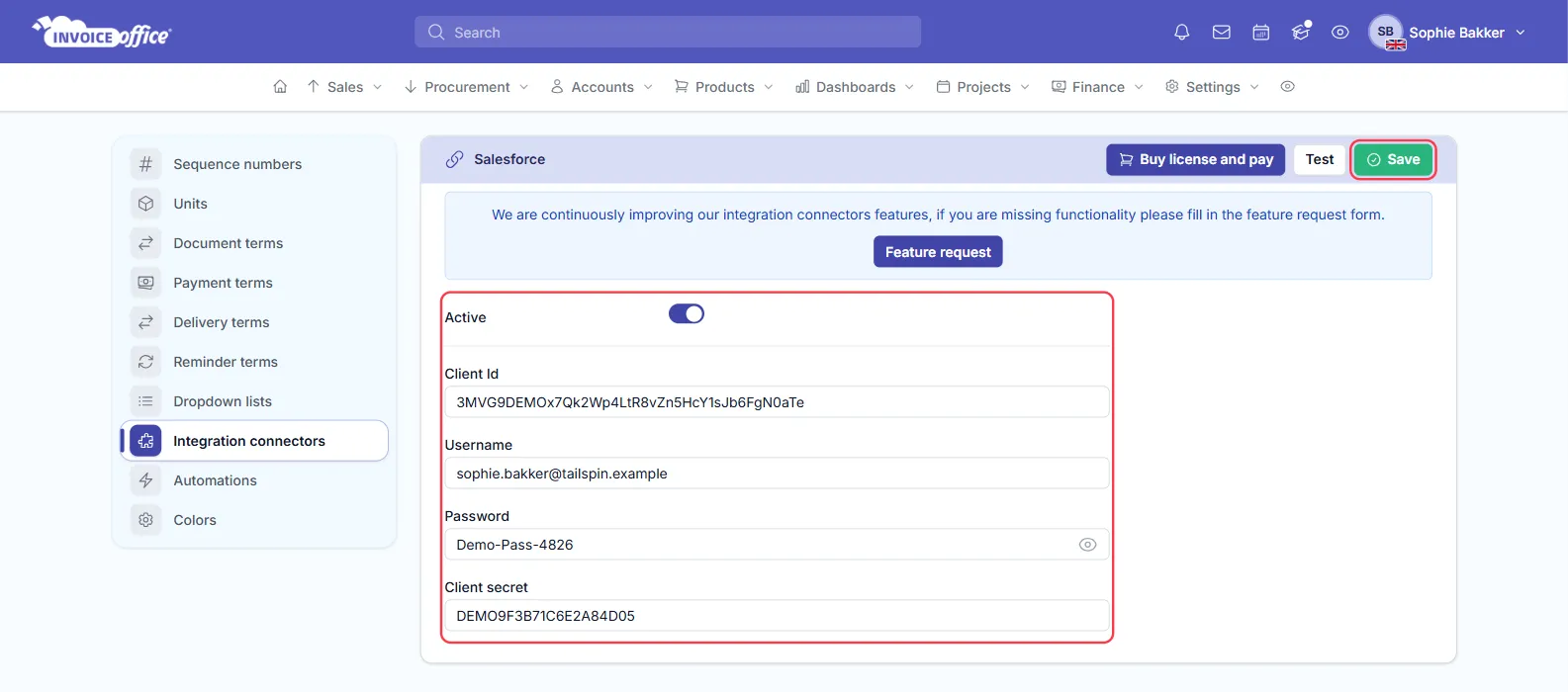 The Salesforce connector settings in Invoice Office with the Active switch on and the Client Id, Username, Password and Client secret fields filled in; the form and the Save button are outlined in red