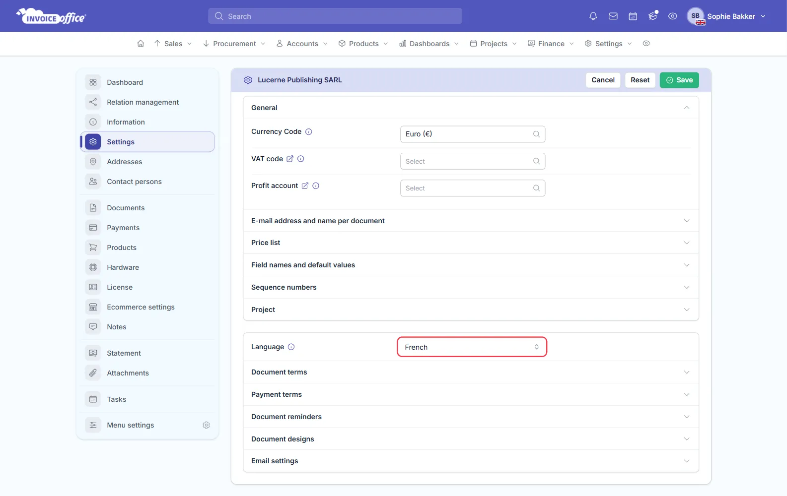 The Customer document settings page for Lucerne Publishing SARL in Invoice Office, with Language set to French above the Document terms, Payment terms, Document reminders, Document designs and Email settings sections; the Language field is outlined in red