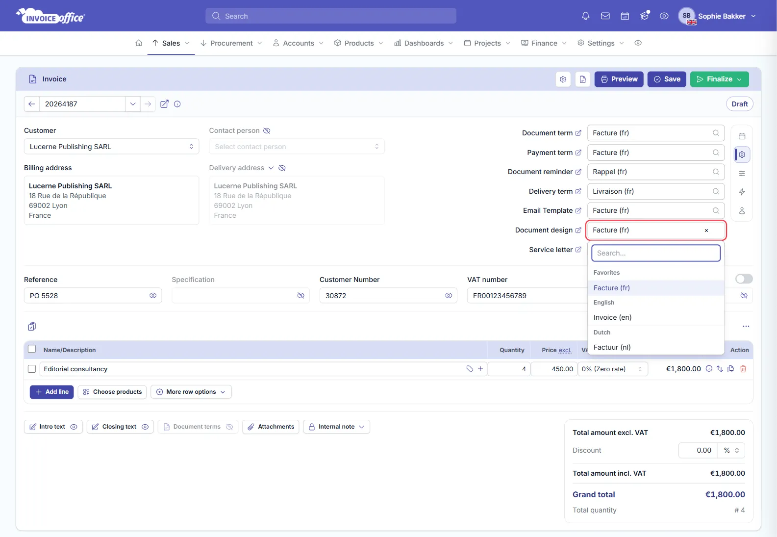 The Settings tab of an Invoice Office invoice for Lucerne Publishing SARL, with Document term, Payment term, Document reminder, Delivery term, Email Template and Document design all set to their French versions, and the Document design list open showing Facture (fr) under Favorites, Invoice (en) under English and Factuur (nl) under Dutch; the Document design field is outlined in red
