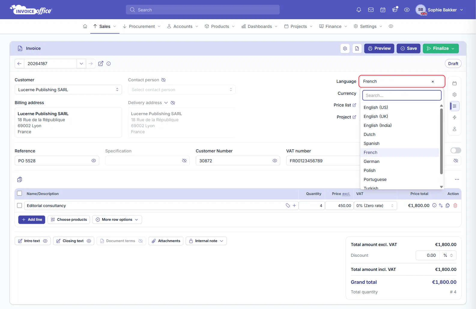 An Invoice Office invoice for Lucerne Publishing SARL with the Price list tab open and the Language list expanded, showing English (US), English (UK), English (India), Dutch, Spanish, French, German, Polish, Portuguese and Turkish, with French selected; the Language field is outlined in red