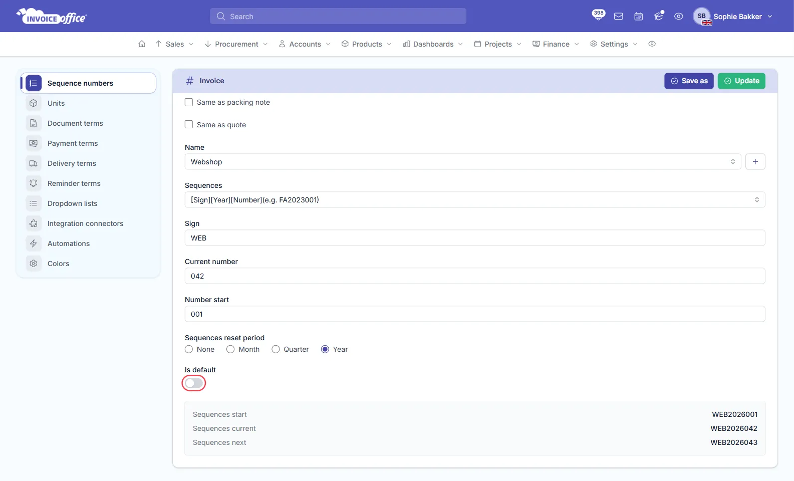 The invoice sequence form in Invoice Office for the Webshop sequence, with format [Sign][Year][Number], Sign WEB, Current number 042, Number start 001 and the Is default switch turned off and outlined in red; the summary shows Sequences next WEB2026043