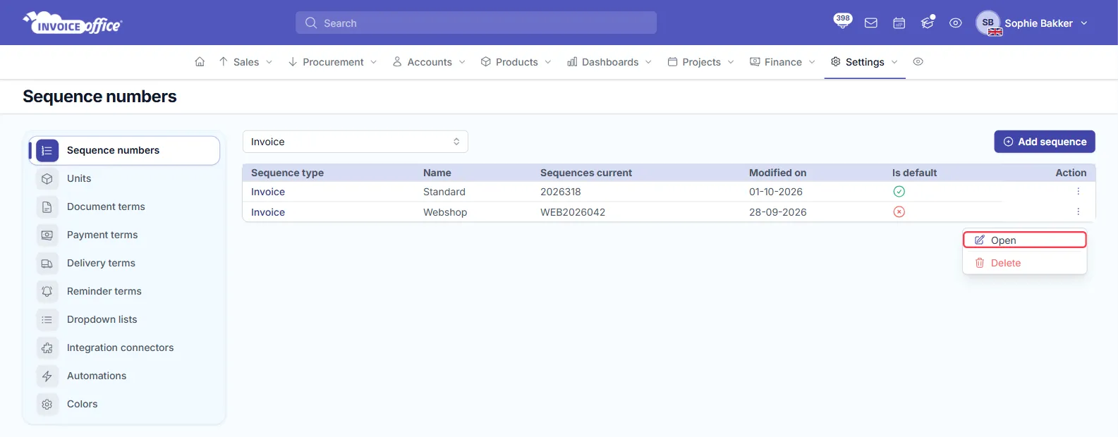 The Sequence numbers page in Invoice Office filtered on Invoice, listing the Standard sequence with current number 2026318 and a green check under Is default, and a Webshop sequence with WEB2026042 and a red cross; the Action menu of Webshop is open on Open and Delete, with Open outlined in red