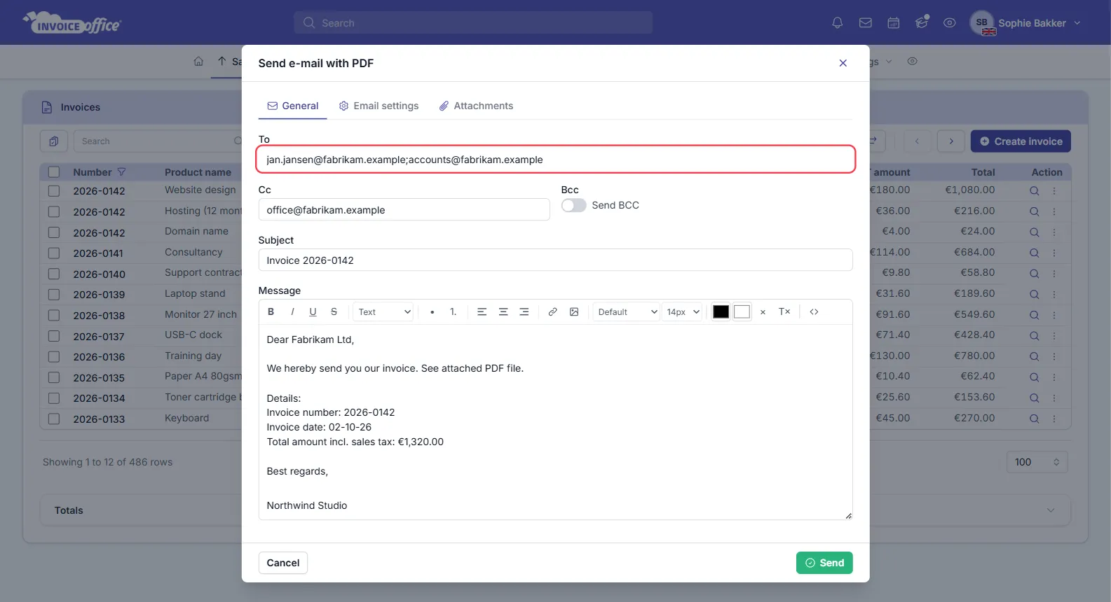 The Send e-mail with PDF window in Invoice Office with General, Email settings and Attachments tabs, two semicolon-separated addresses in the To field, a Cc address, a Send BCC toggle, a subject and the message body; the To field is outlined in red