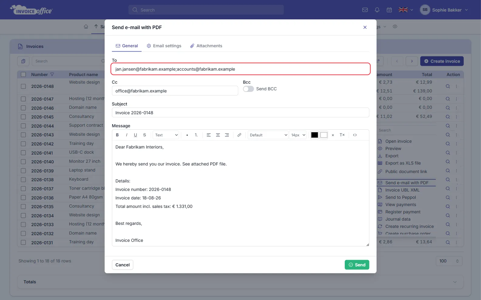 The Send e-mail with PDF window in Invoice Office with General, Email settings and Attachments tabs, two semicolon-separated addresses in the To field, a Cc address, a Send BCC toggle, a subject and the message body; the To field is outlined in red