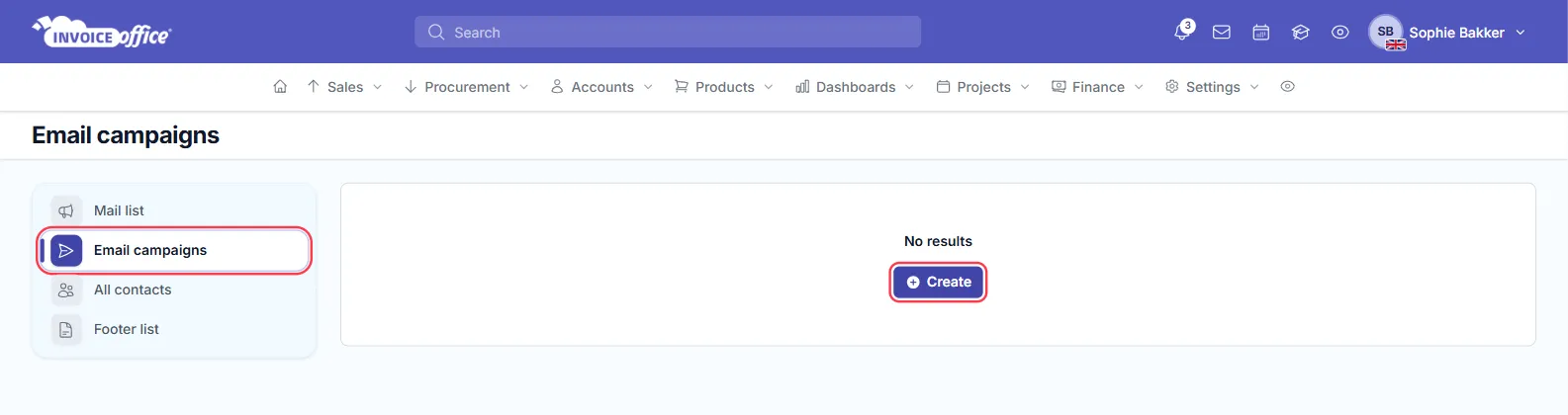 The Email campaigns page in Invoice Office before any campaign exists, with Email campaigns in the left menu and the Create button outlined in red