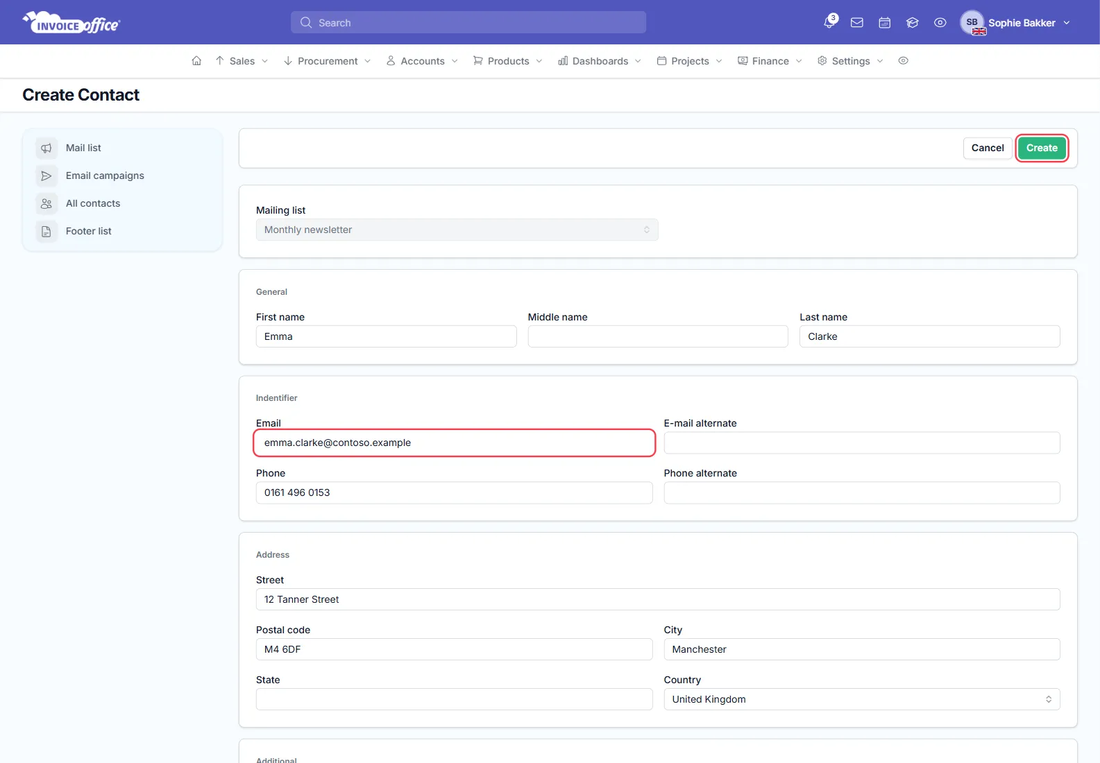 The Create Contact form in Invoice Office with the Mailing list field set to Monthly newsletter, filled in for Emma Clarke with a phone number and a Manchester address; the Email field and the Create button are outlined in red