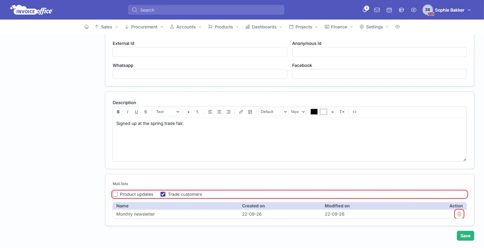 The Mail lists section at the bottom of a contact's page in Invoice Office: checkboxes for the lists Product updates and Trade customers, outlined in red, above a table showing the contact is in Monthly newsletter with a delete icon outlined in red