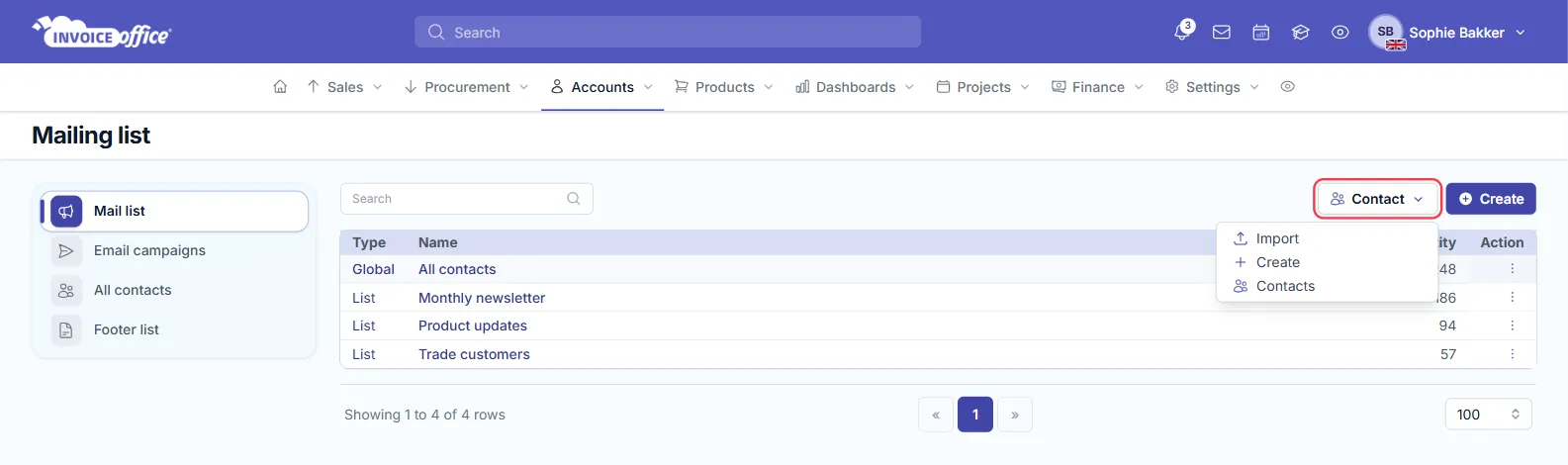 The Contact menu on the Invoice Office Mailing list page, outlined in red and opened to show Import, Create and Contacts