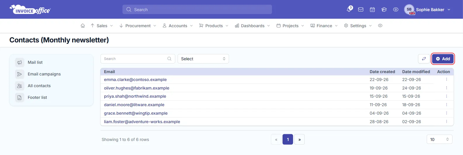 The Contacts (Monthly newsletter) page in Invoice Office with six contacts listed by Email, Date created and Date modified, and the Add button outlined in red