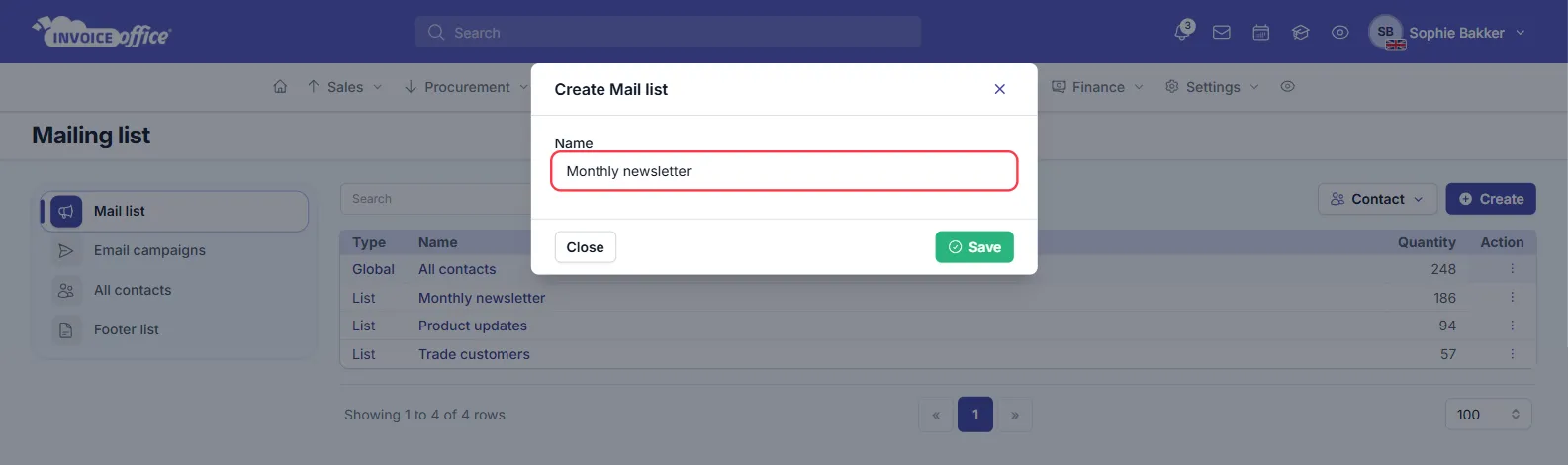 The Create Mail list window in Invoice Office with the Name field, outlined in red, filled in as Monthly newsletter, above the Close and Save buttons