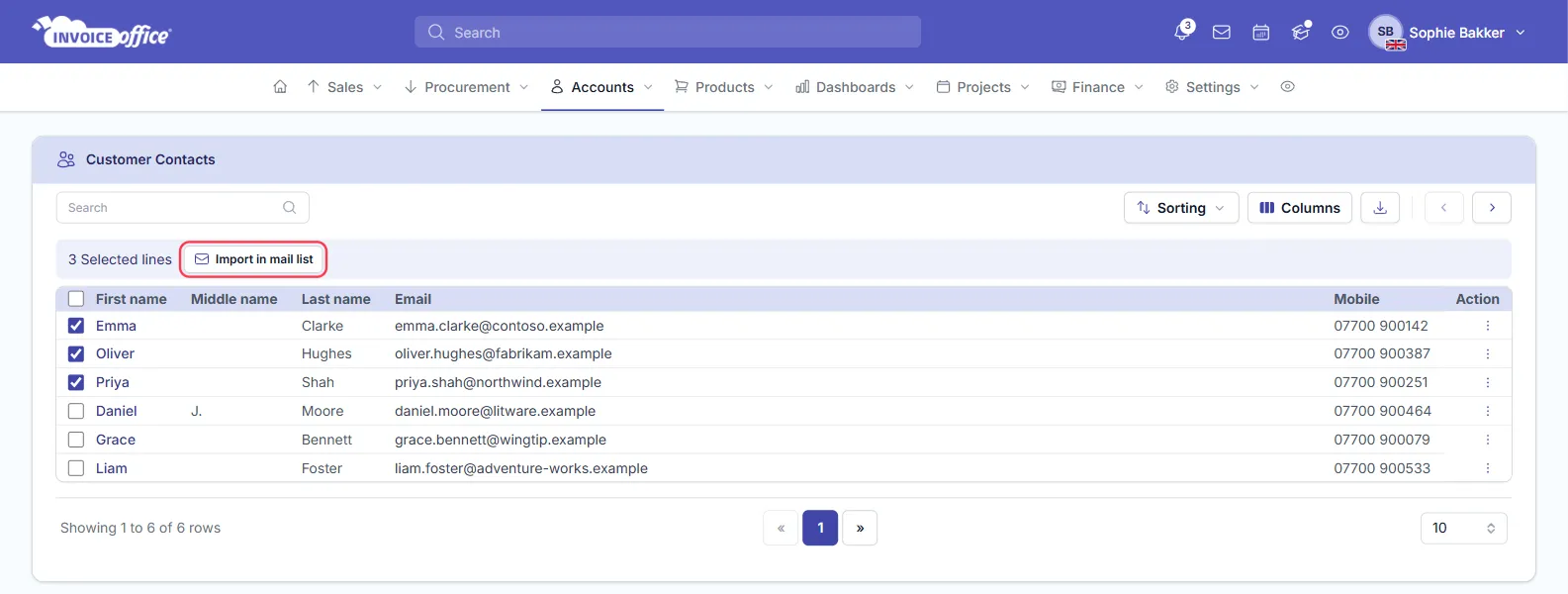 The Customer Contacts page in Invoice Office with three of six contacts ticked, a bar reading 3 Selected lines and the Import in mail list button outlined in red
