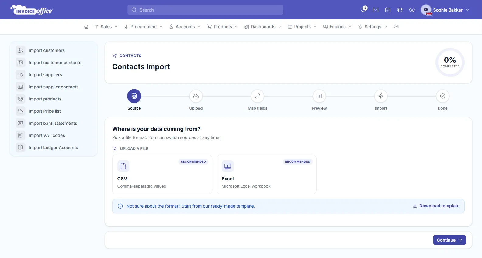 The Source step of the Contacts Import wizard in Invoice Office, with CSV and Excel as file formats, a Download template link and the steps Source, Upload, Map fields, Preview, Import and Done