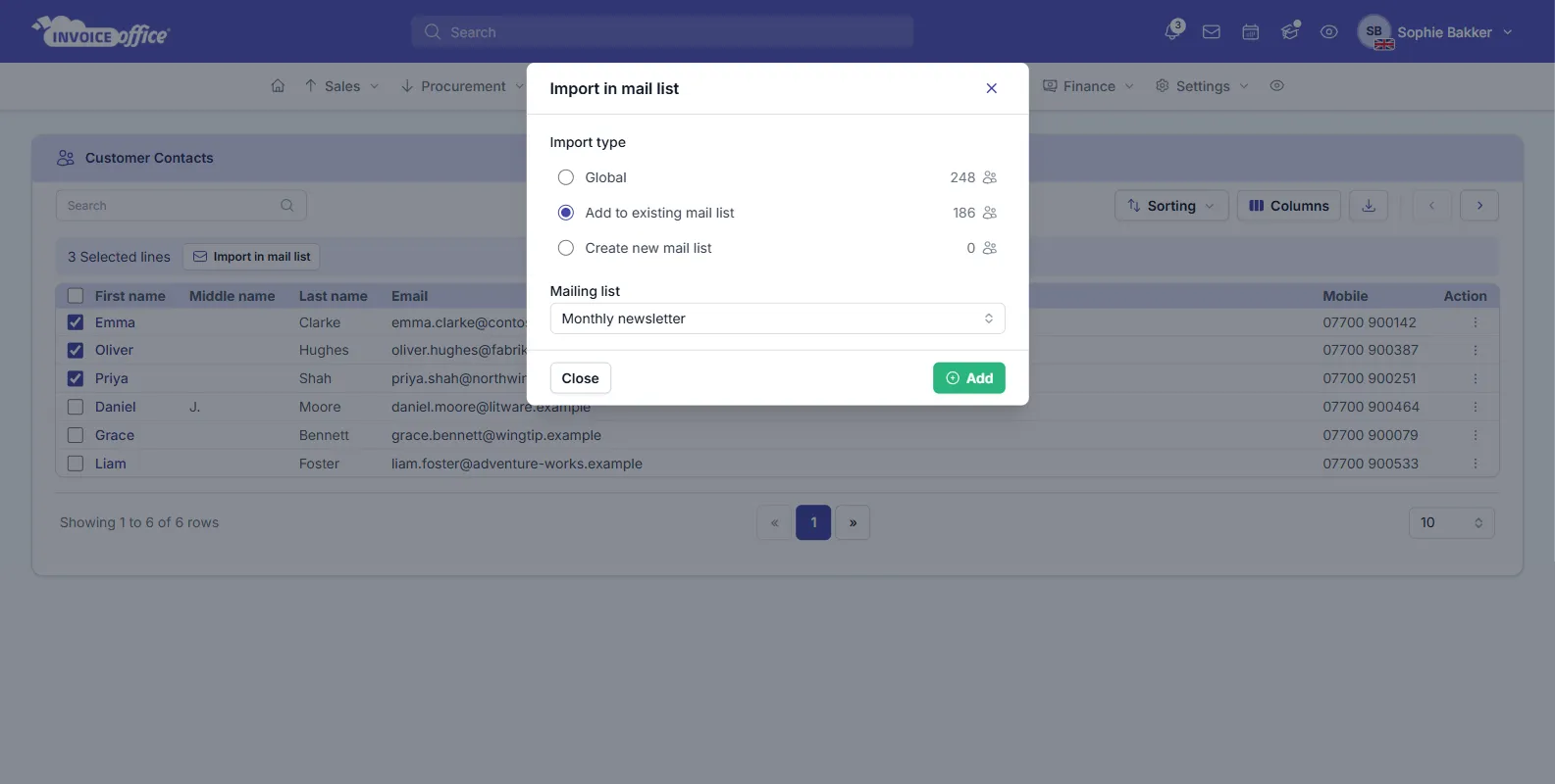 The Import in mail list window in Invoice Office with the Import type options Global, Add to existing mail list and Create new mail list, the second one selected and the Mailing list field set to Monthly newsletter, above the Close and Add buttons