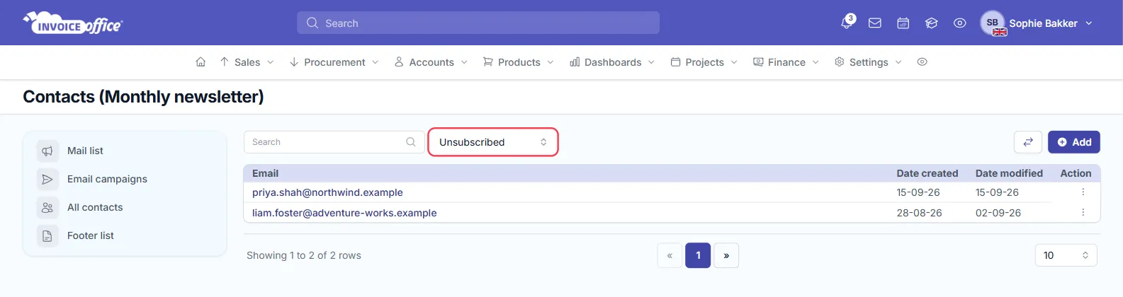The Contacts (Monthly newsletter) page in Invoice Office with the status filter, outlined in red, set to Unsubscribed and two contacts listed