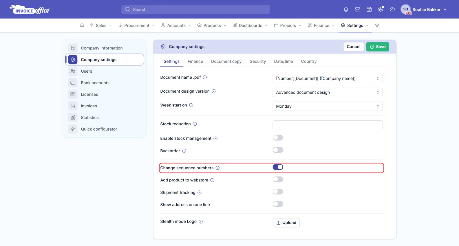 The Settings tab of Company settings in Invoice Office with the Change sequence numbers switch turned on and outlined in red, among Document name .pdf, Stock reduction, Enable stock management and the other company settings