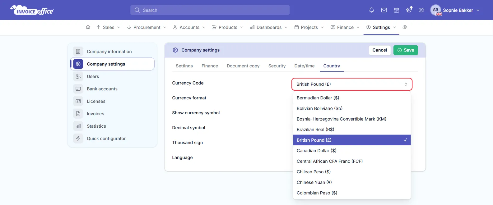The Country tab of Company settings in Invoice Office with the Currency Code list open, showing currencies by name and symbol — Bermudian Dollar ($), Brazilian Real (R$), British Pound (£) selected, Canadian Dollar ($), Chinese Yuan (¥), Colombian Peso ($) and more; the Currency Code field is outlined in red