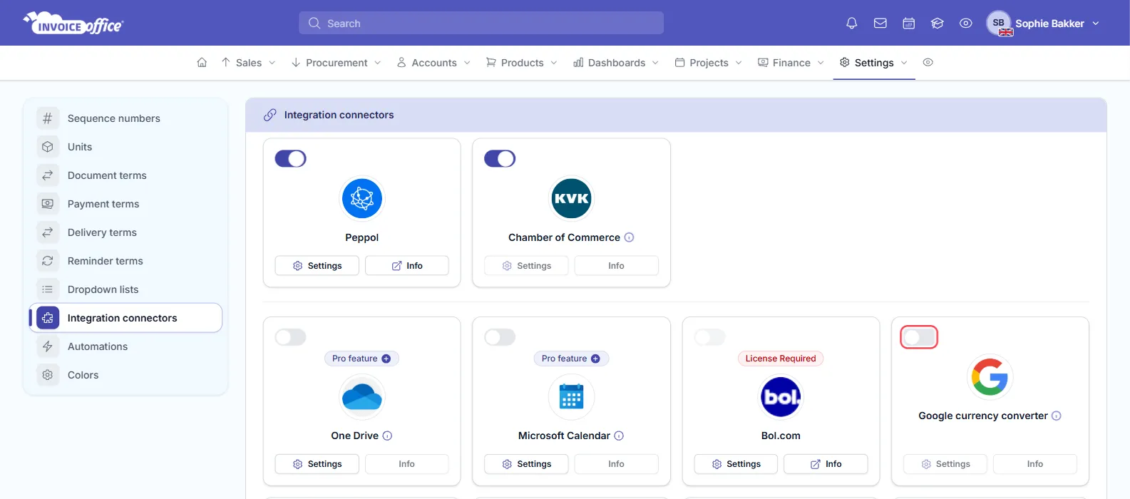 The Integration connectors page in Invoice Office showing connector cards such as Peppol, Chamber of Commerce, One Drive and Bol.com; the switch on the Google currency converter card, which has no Pro feature badge, is outlined in red
