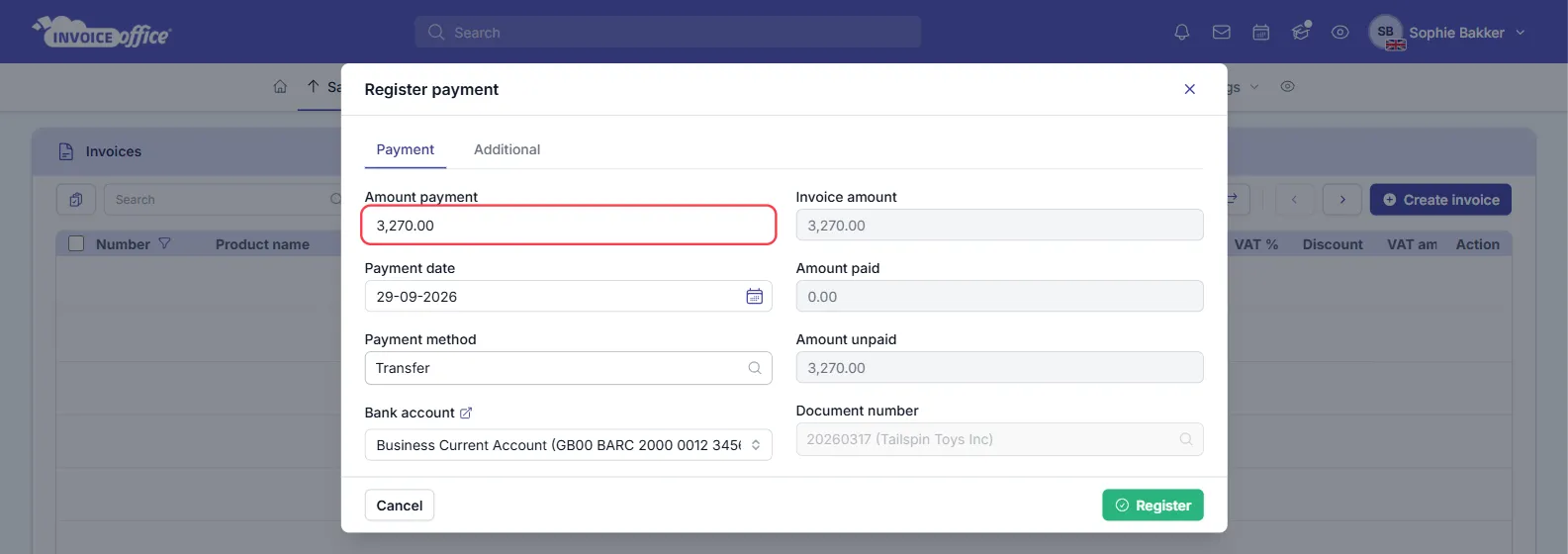 The Register payment window in Invoice Office for invoice 20260317 of Tailspin Toys Inc, with Amount payment 3,270.00, Payment date, Payment method Transfer and Bank account on the left and Invoice amount 3,270.00, Amount paid 0.00 and Amount unpaid 3,270.00 on the right; Amount payment is outlined in red
