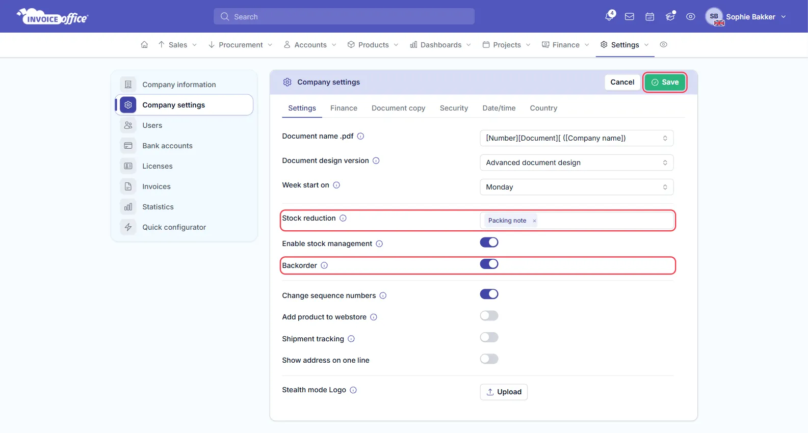 The Settings tab of Company settings in Invoice Office with Stock reduction set to Packing note and Backorder switched on, both outlined in red, Enable stock management switched on, and the Save button outlined in red