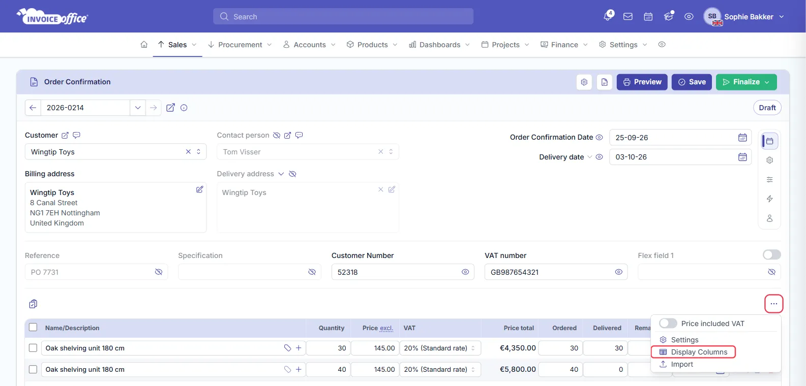 The ⋯ menu above the product lines of an Invoice Office order confirmation, opened with Price included VAT, Settings, Display Columns and Import; the ⋯ button and Display Columns are outlined in red