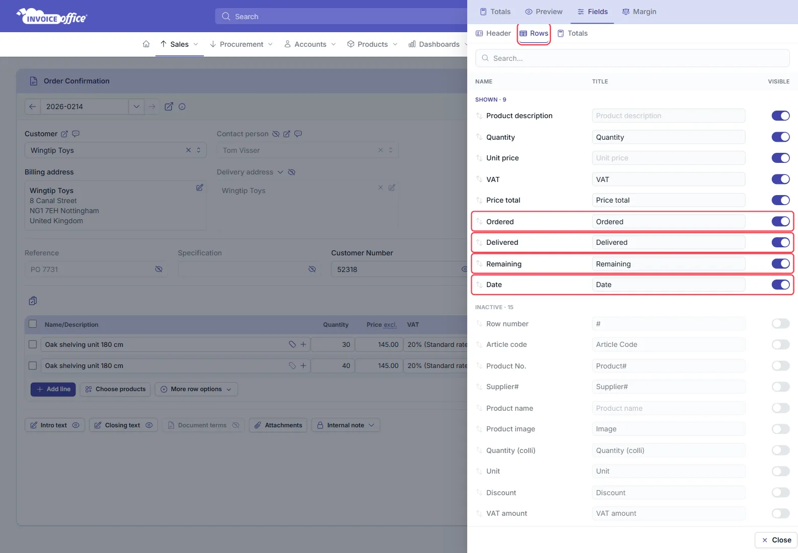 The Display Columns panel of an Invoice Office order confirmation on the Rows tab, with Ordered, Delivered, Remaining and Date switched on and outlined in red under SHOWN · 9