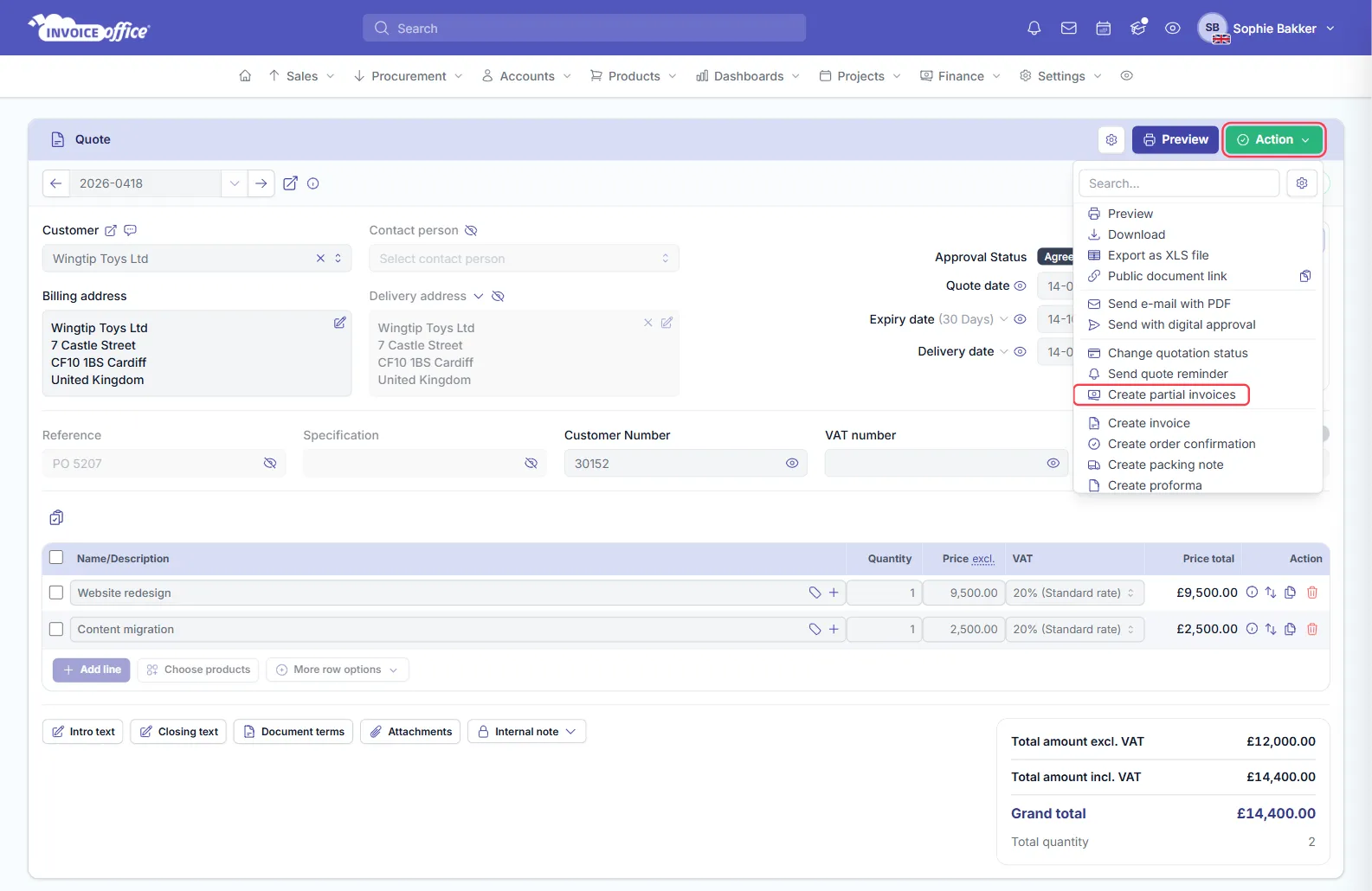 Quote 2026-0418 for Wingtip Toys Ltd in Invoice Office with the Action menu open, listing Preview, Download, Send e-mail with PDF, Change quotation status, Send quote reminder, Create partial invoices, Create invoice, Create order confirmation and more; the Action button and Create partial invoices are outlined in red