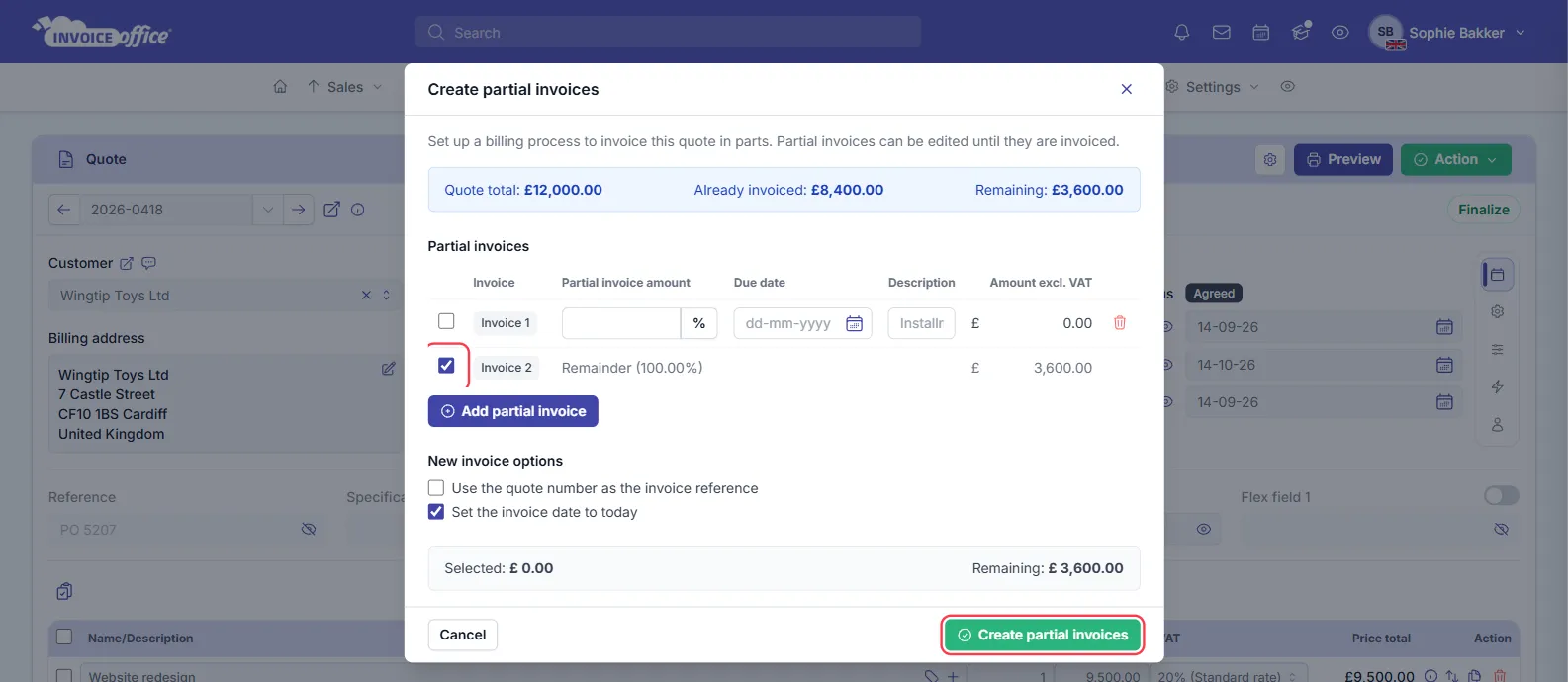 The Create partial invoices window reopened on the same quote: Already invoiced £8,400.00 and Remaining £3,600.00, an empty unticked Invoice 1 row and the Remainder row ticked at 100.00% (£3,600.00); the Remainder tick box and the Create partial invoices button are outlined in red