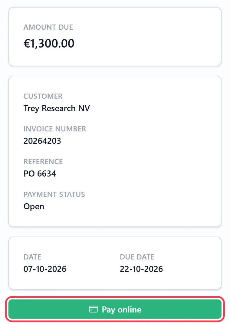 The online invoice page an Invoice Office customer sees for invoice 20264203 from Trey Research NV, showing Amount due €1,300.00, the reference PO 6634, payment status Open, the invoice and due dates, and a green Pay online button outlined in red