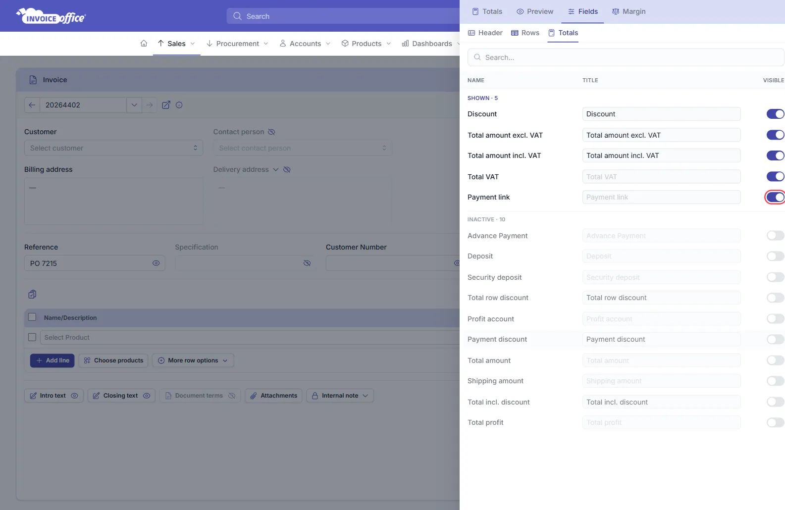 The Display Columns panel of an Invoice Office invoice on the Fields tab and Totals sub-tab, listing Discount, Total amount excl. VAT, Total amount incl. VAT, Total VAT and Payment link in the SHOWN list; the Payment link switch is on and outlined in red