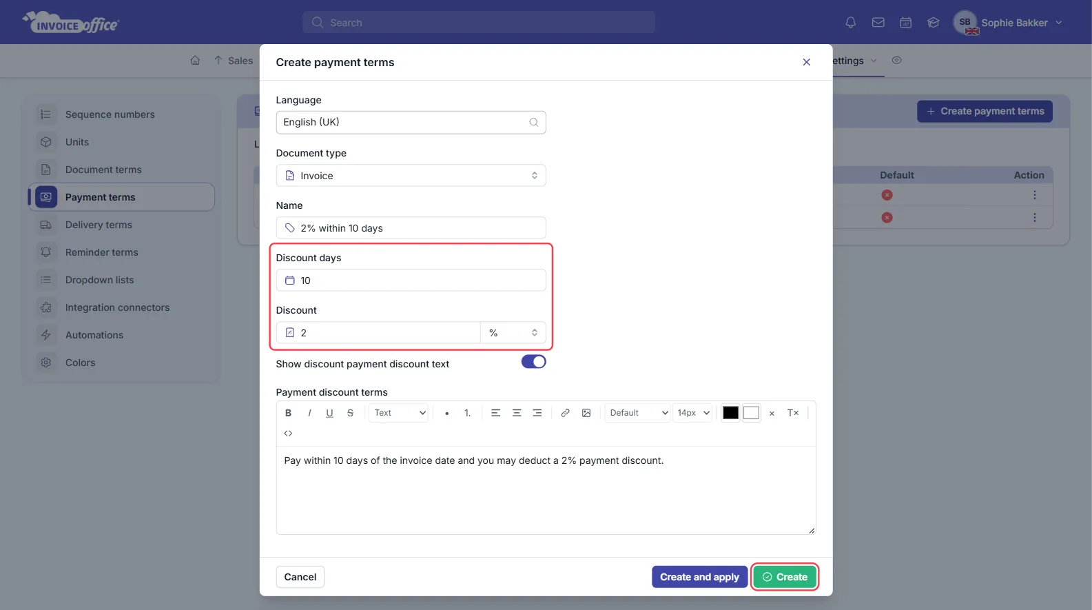 The Create payment terms window with Language English (UK), Document type Invoice, Name 2% within 10 days, Discount days 10 and Discount 2 %, outlined in red, the payment discount text switched on and filled in, and the Create button outlined in red