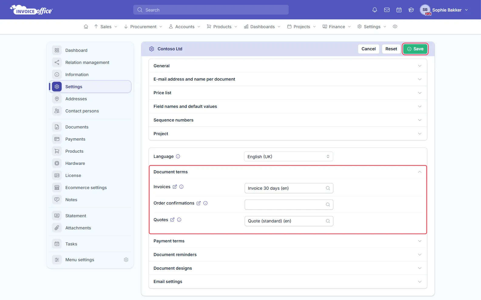 The customer document settings for Contoso Ltd with the Document terms section open, Invoices set to Invoice 30 days (en) and Quotes to Quote (standard) (en); the section and the Save button are outlined in red