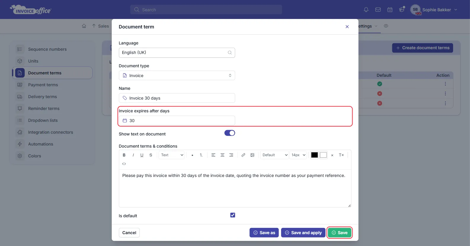 The Document term window in Invoice Office for an English (UK) invoice term named Invoice 30 days, with Invoice expires after days set to 30 and outlined in red, Show text on document on, the terms text and Is default ticked; the Save button is outlined in red
