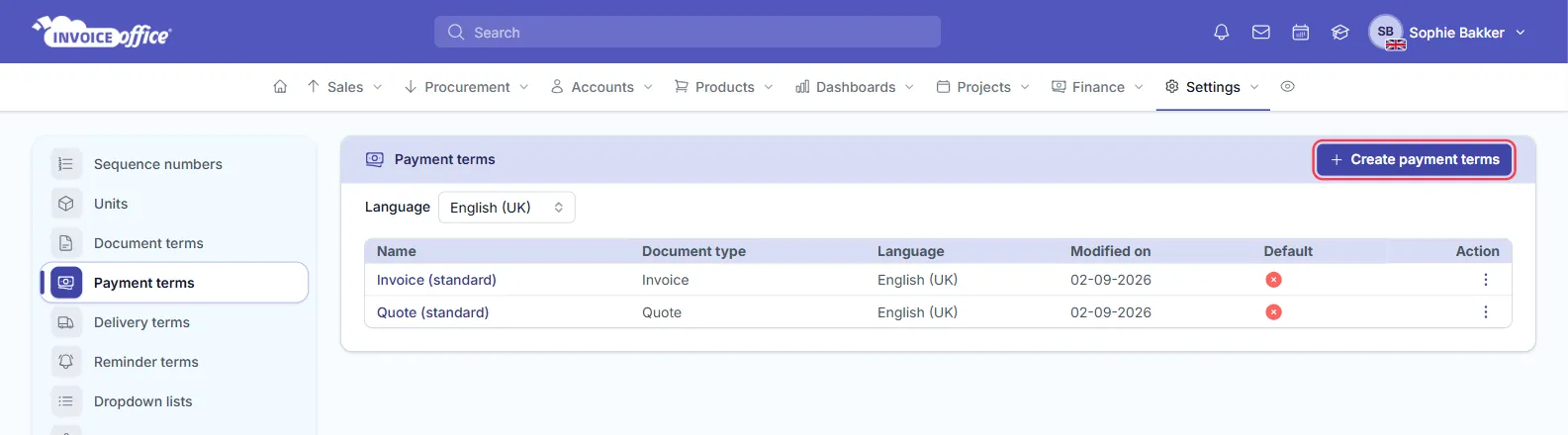 The Payment terms settings page in Invoice Office with Name, Document type, Language, Modified on, Default and Action columns and the Create payment terms button outlined in red
