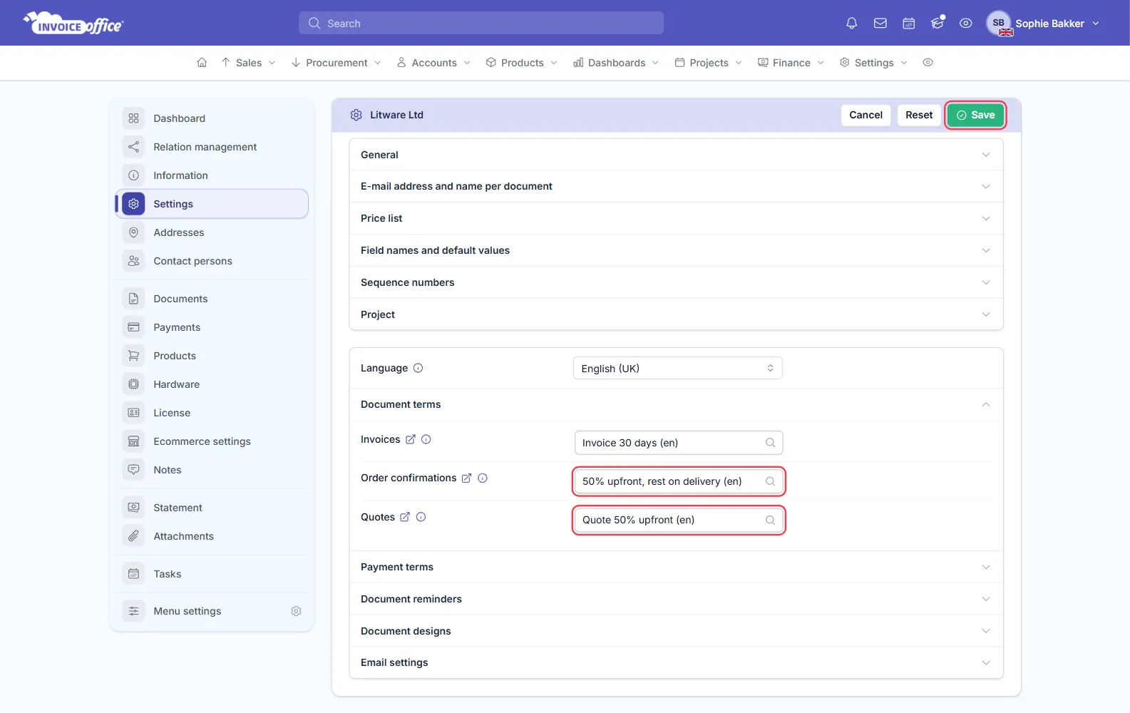 The Customer document settings page for Litware Ltd in Invoice Office, with Language English (UK) and the Document terms section open: Invoices set to Invoice 30 days (en), Order confirmations to 50% upfront, rest on delivery (en) and Quotes to Quote 50% upfront (en); the Order confirmations and Quotes fields and the Save button are outlined in red
