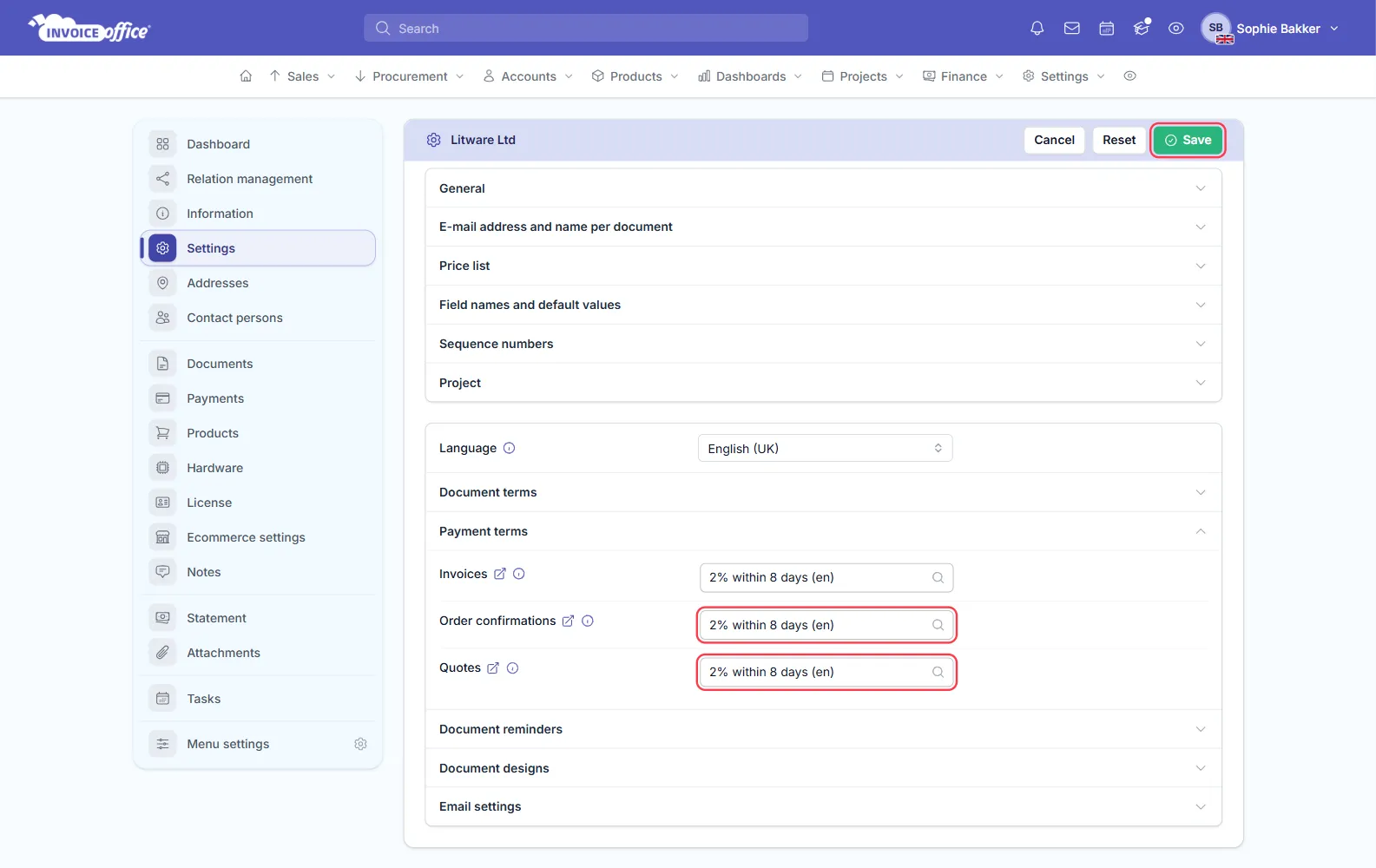 The Payment terms section of the Customer document settings for Litware Ltd in Invoice Office, with Invoices, Order confirmations and Quotes each set to 2% within 8 days (en); the Order confirmations and Quotes fields and the Save button are outlined in red