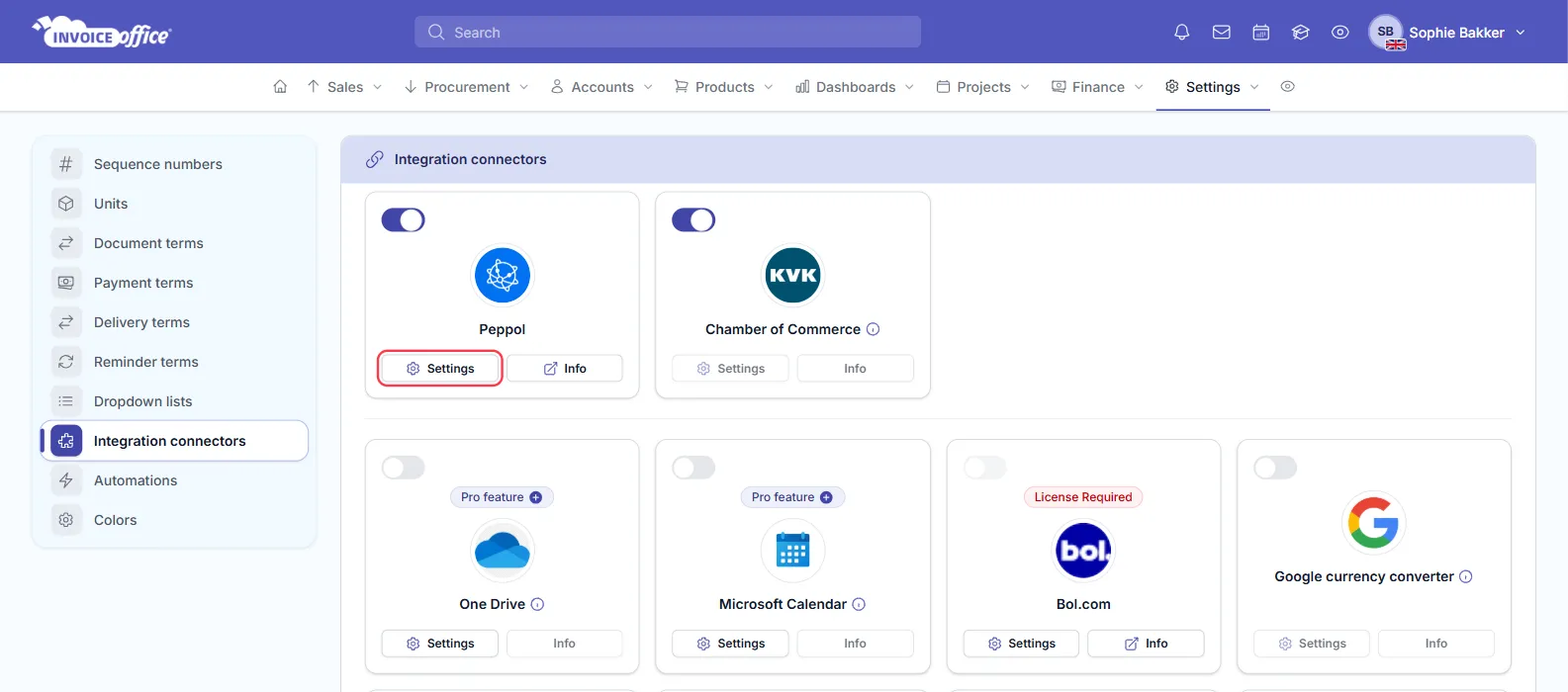 The Integration connectors page in Invoice Office under Settings, with the Peppol card at the top left and its Settings button outlined in red