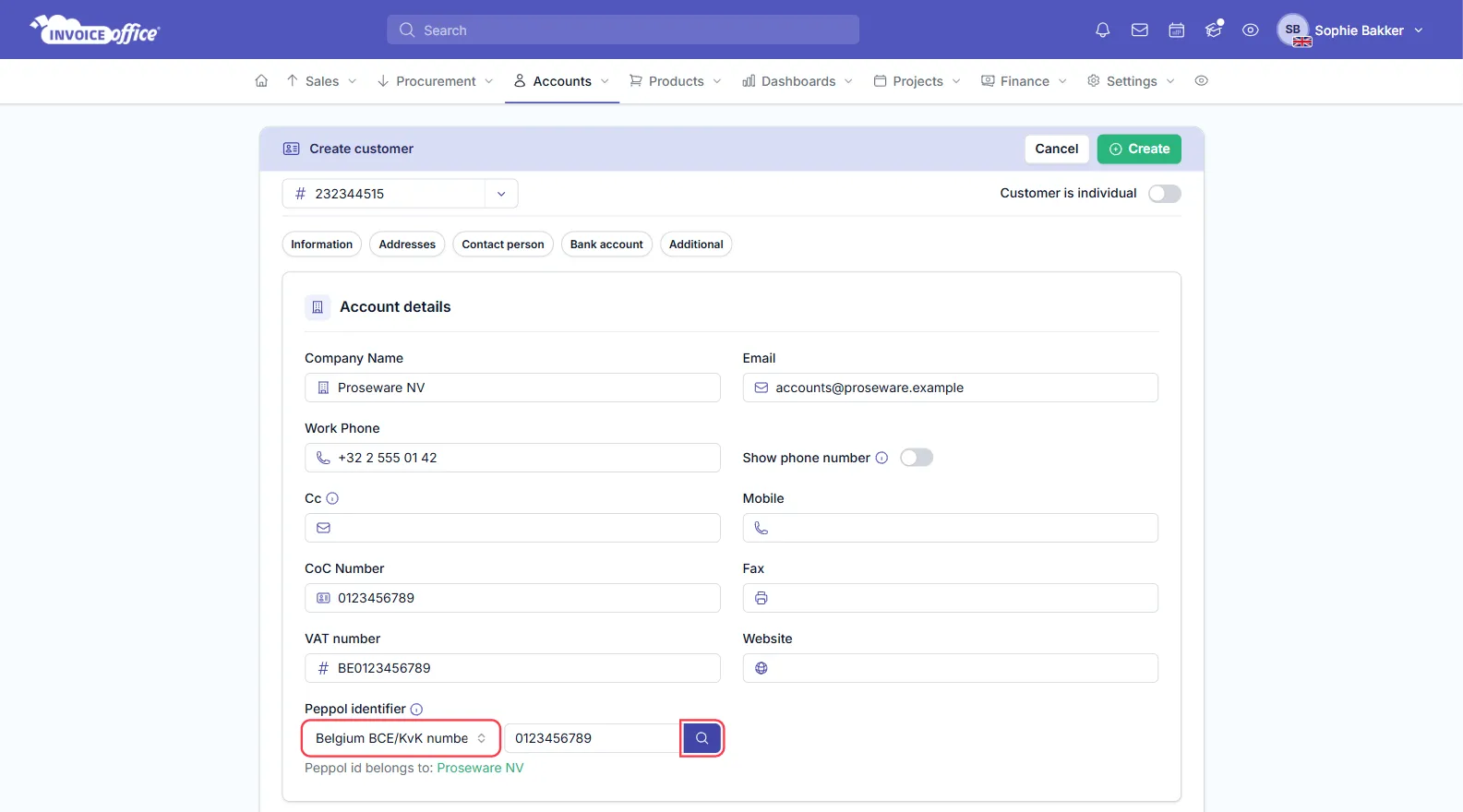 The Create customer form for Proseware NV with CoC Number 0123456789 and VAT number BE0123456789; under Peppol identifier the type Belgium BCE/KvK number and the magnifying-glass lookup are outlined in red, with Peppol id belongs to: Proseware NV below