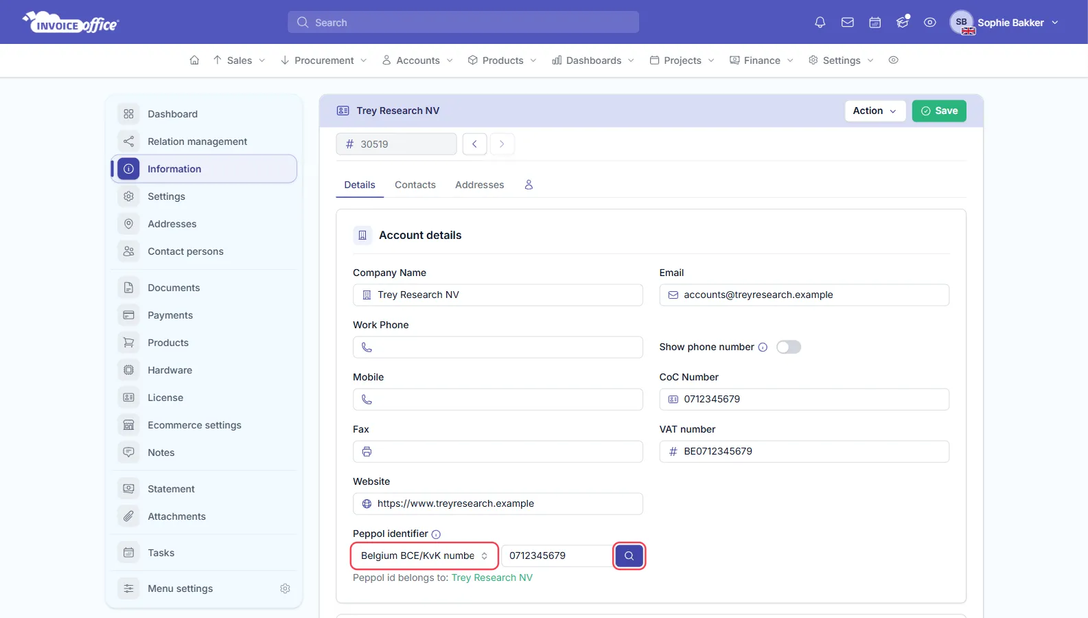 The Customer Information page for Trey Research NV in Invoice Office on the Details tab, with CoC Number 0712345679 and VAT number BE0712345679 in Account details, and under Peppol identifier the type Belgium BCE/KvK number and the number 0712345679, with Peppol id belongs to: Trey Research NV below; the identifier type and the magnifying-glass button are outlined in red