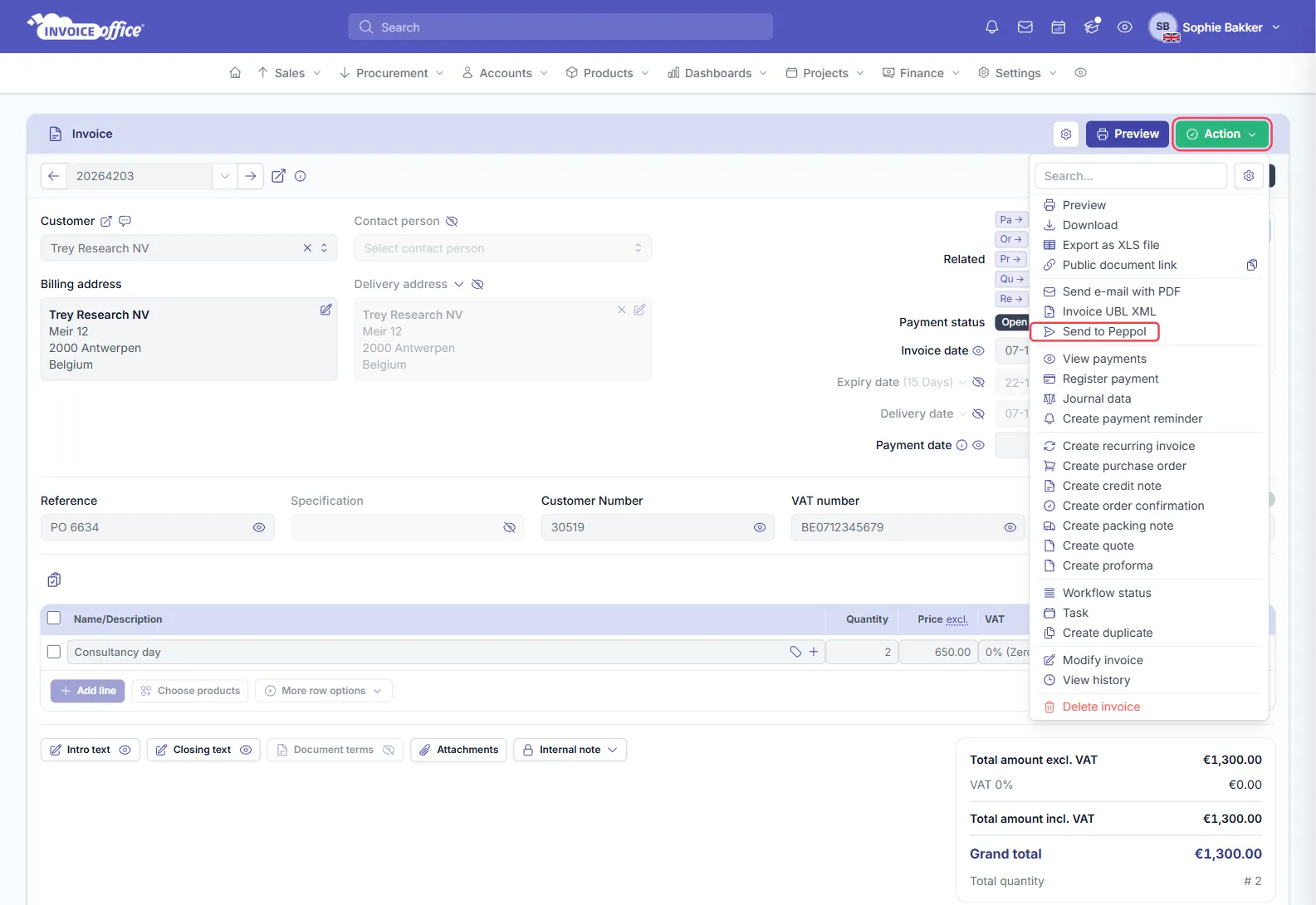 A finalised Invoice Office invoice 20264203 for Trey Research NV with the Action menu open at the top right, listing Preview, Download, Send e-mail with PDF, Invoice UBL XML, Send to Peppol and more; the Action button and the Send to Peppol item are outlined in red