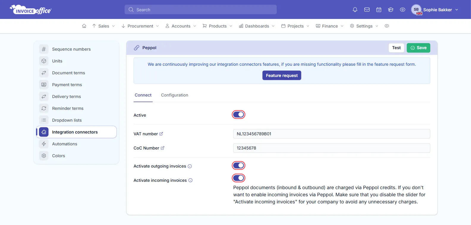 The Peppol integration connector settings in Invoice Office on the Connect tab, with the VAT number NL123456789B01 and CoC Number 12345678, and the Active, Activate outgoing invoices and Activate incoming invoices switches turned on and outlined in red