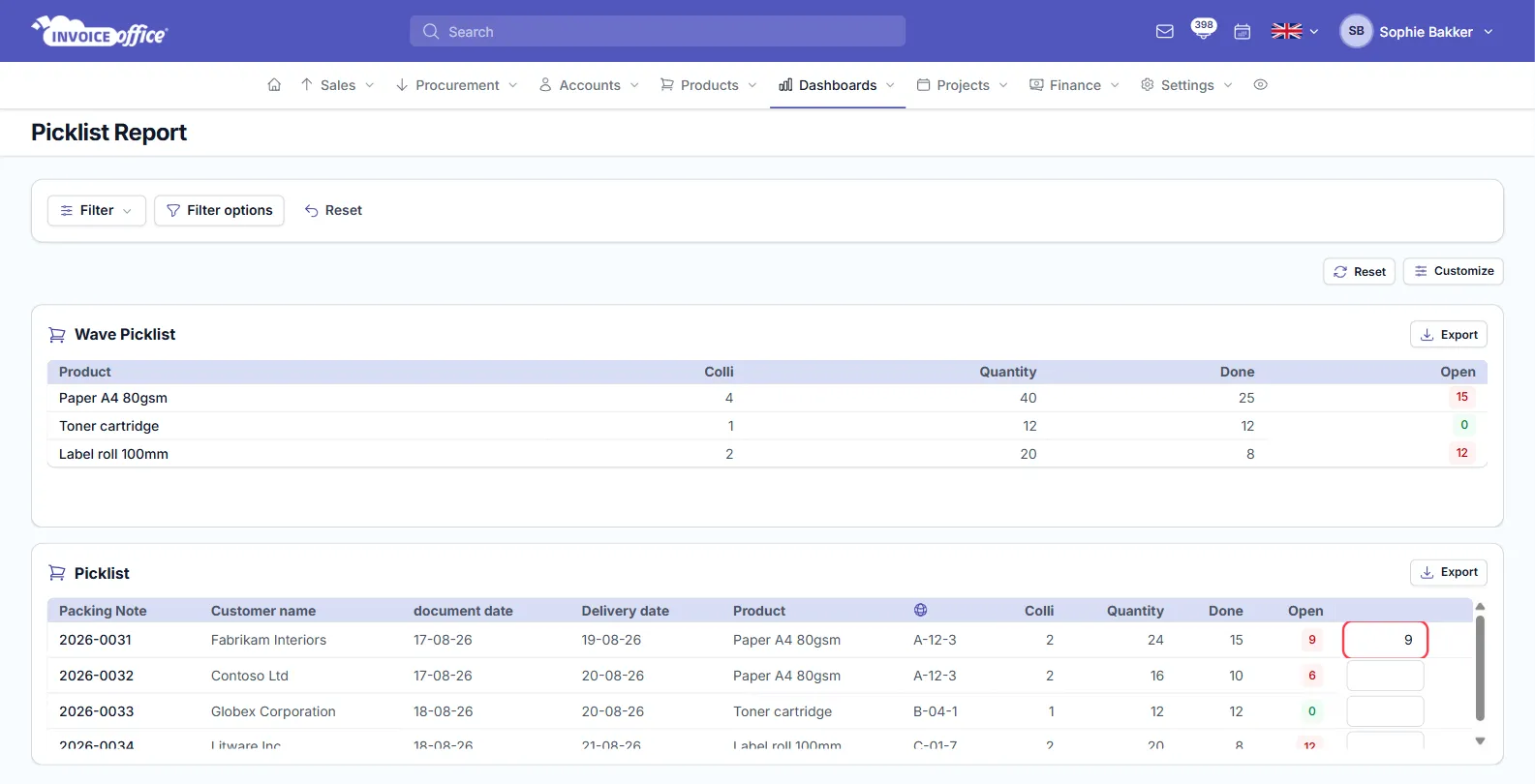 The Picklist Report in Invoice Office, with a Wave Picklist card totalling each product across packing notes and a Picklist card listing each packing note line with its customer, dates, stock location and quantities — the pick input box on the first row is outlined in red