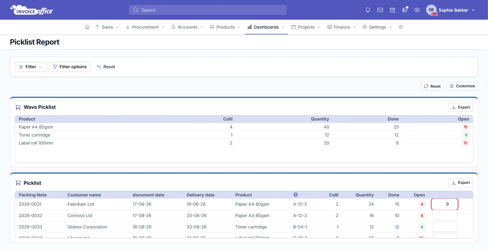 The Picklist Report in Invoice Office, with a Wave Picklist card totalling each product across packing notes and a Picklist card listing each packing note line with its customer, dates, stock location and quantities — the pick input box on the first row is outlined in red