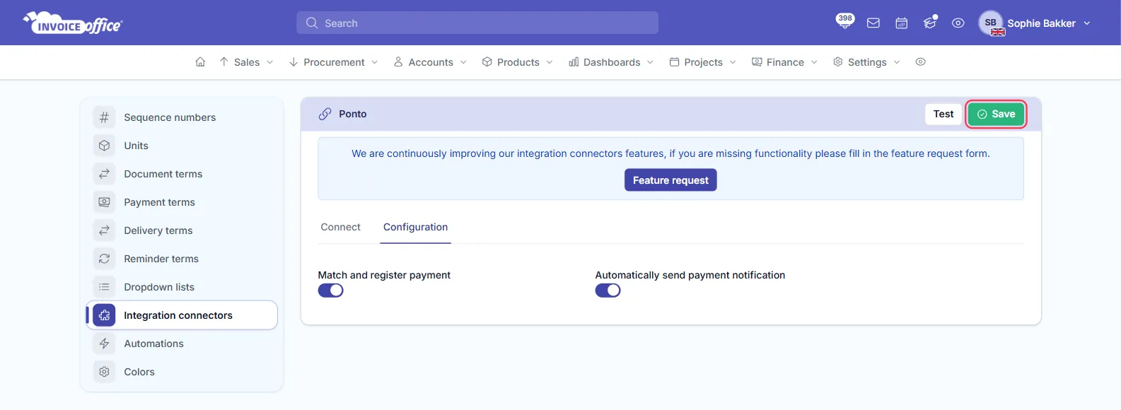 The Configuration tab of the Ponto connector in Invoice Office with Match and register payment and Automatically send payment notification both switched on; the Save button is outlined in red