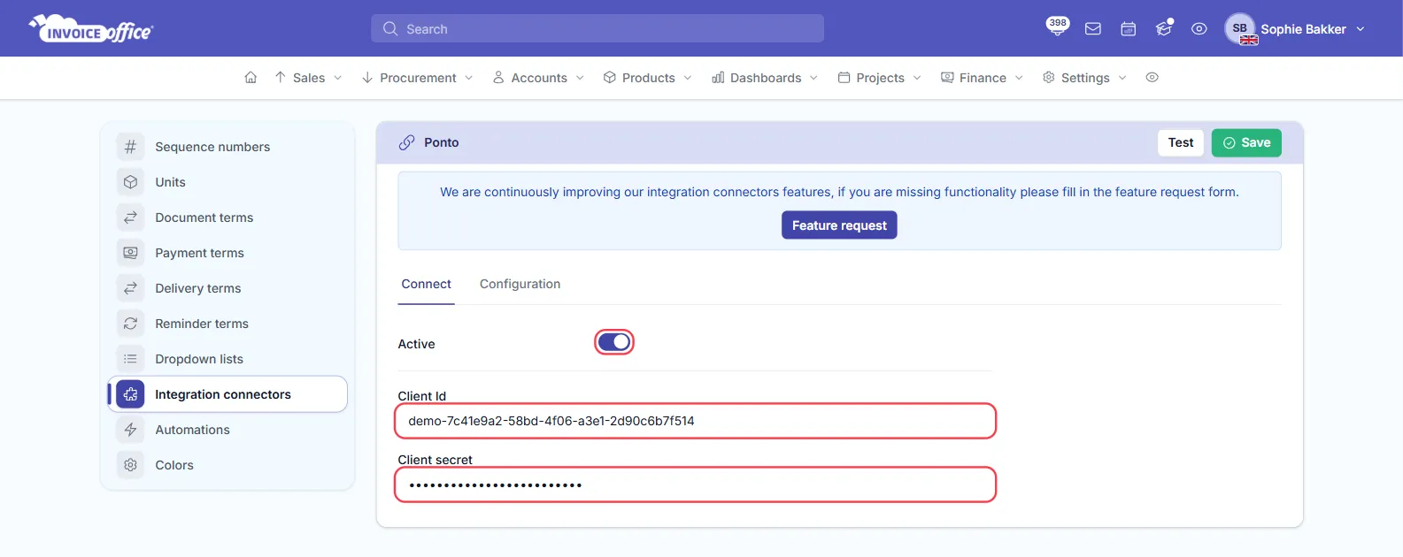 The Ponto connector settings in Invoice Office on the Connect tab, with Active switched on and a demo Client Id and Client secret filled in; the Active switch and both fields are outlined in red