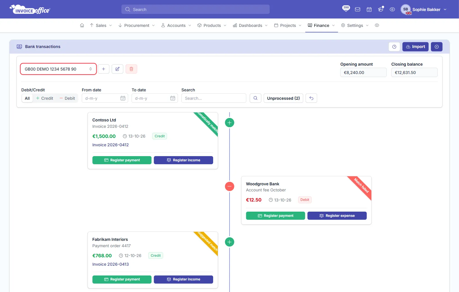 Finance → Bank transactions in Invoice Office for account GB00 DEMO 1234 5678 90, with an opening amount of €8,240.00, a closing balance of €12,631.50, Unprocessed (2) and imported lines for Contoso Ltd (Automatically matched), Woodgrove Bank (Match failed) and Fabrikam Interiors (Suggested match); the bank account selector is outlined in red