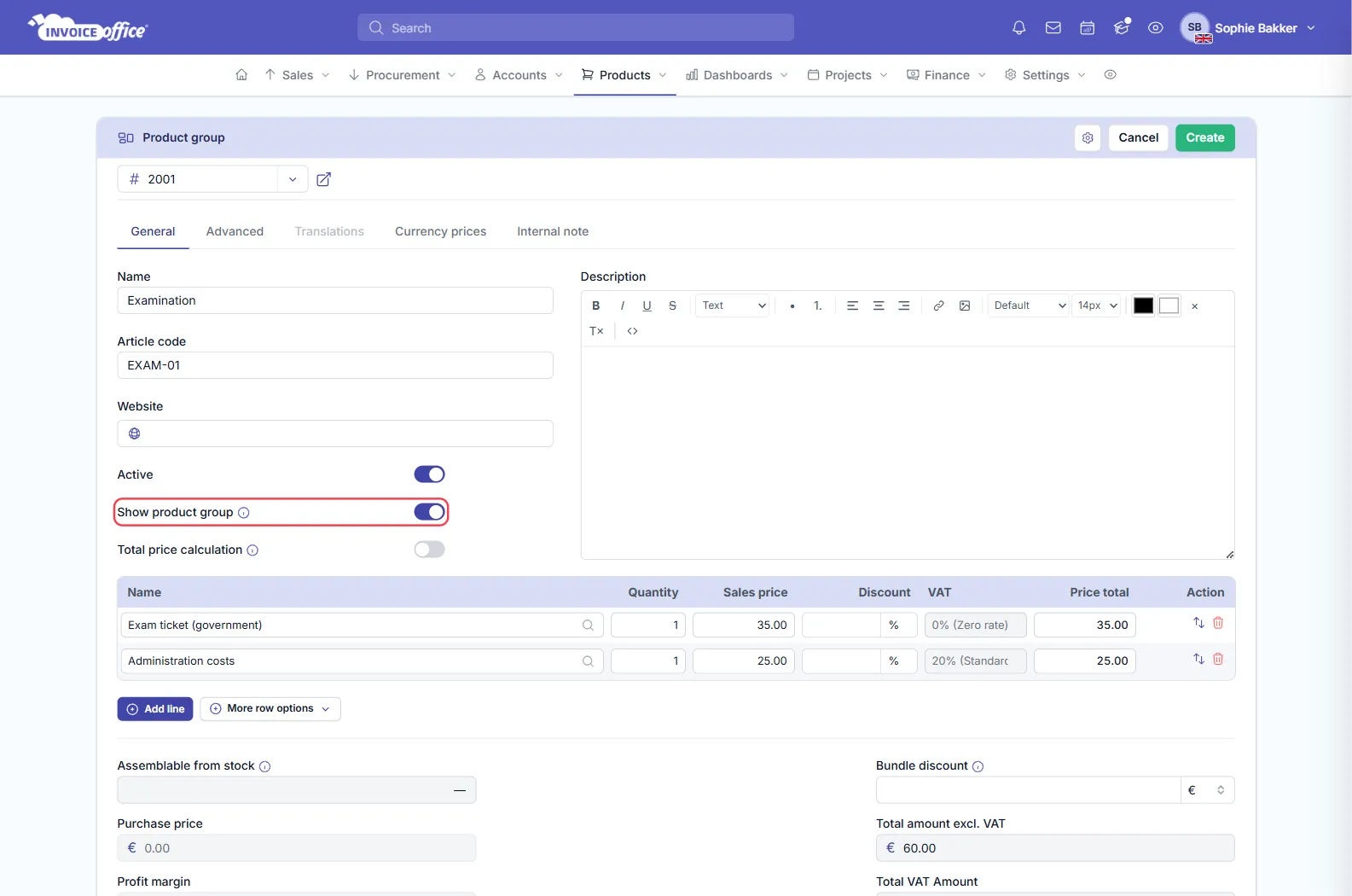 The Product group form in Invoice Office with the name Examination, an Active switch, product lines for an exam ticket at 0% VAT and administration costs at 20% VAT totalling €65.00 including VAT — the Show product group switch is outlined in red