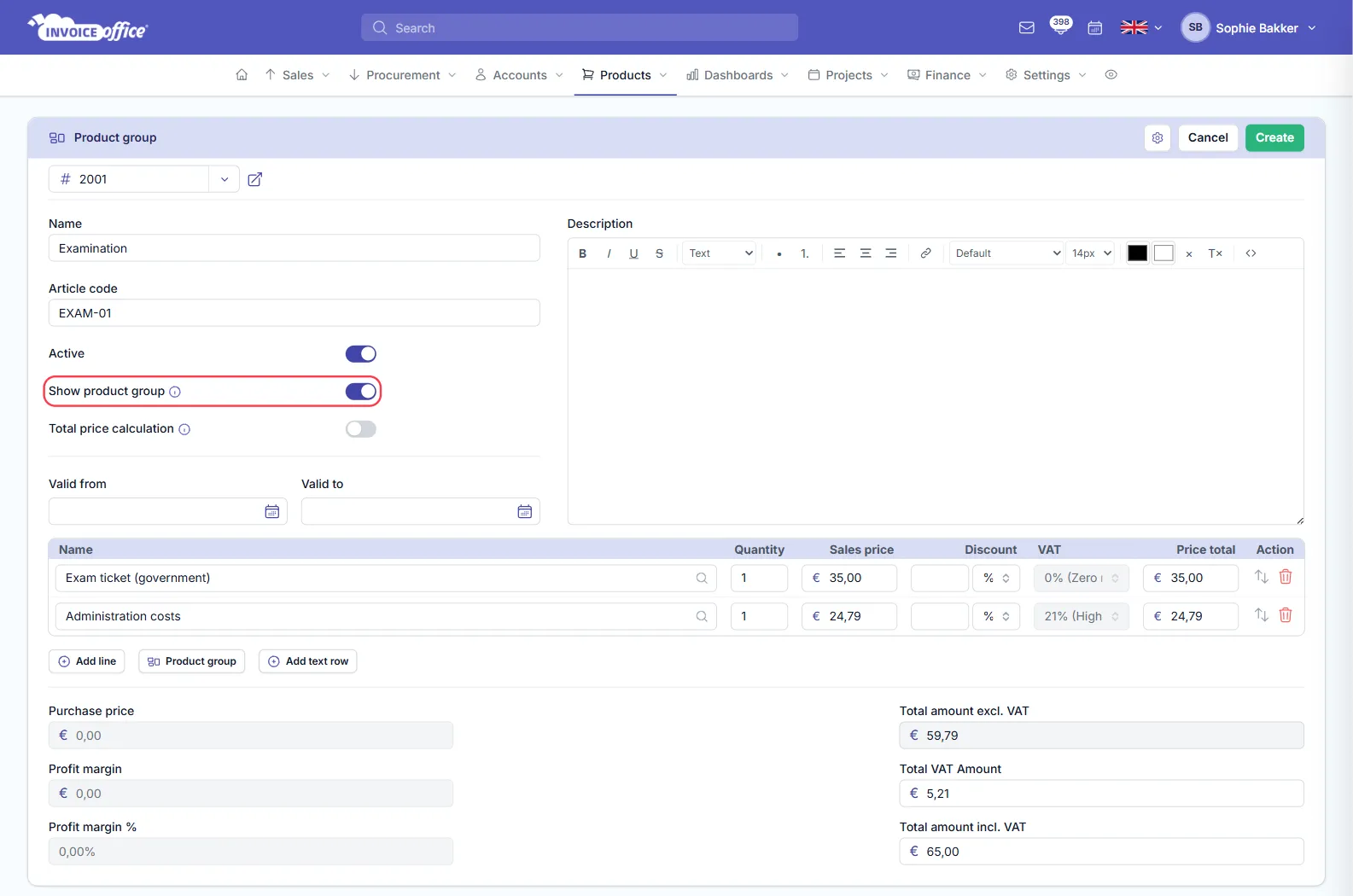 The Product group form in Invoice Office with the name Examination, an Active switch, product lines for an exam ticket at 0% VAT and administration costs at 21% VAT totalling €65,00 including VAT — the Show product group switch is outlined in red